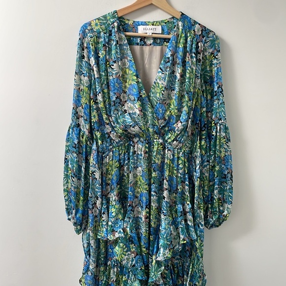 Elliatt Revolve Claude Ruffled Satin Maxi Dress Floral High Low hem Blue Small S - Picture 8 of 13